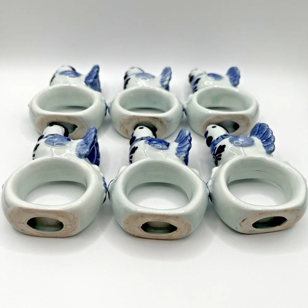 Hen Blue Ceramic Napkin Rings Farmhouse Cottagecore Chicken Vintage Set of 6